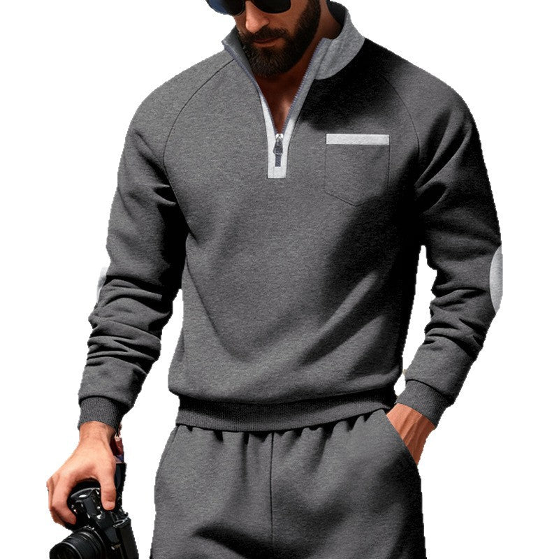 Herren nan Fleece-Quarterzip Pullover mit Brusttasche und Ellbogenpatches Echo Archiv