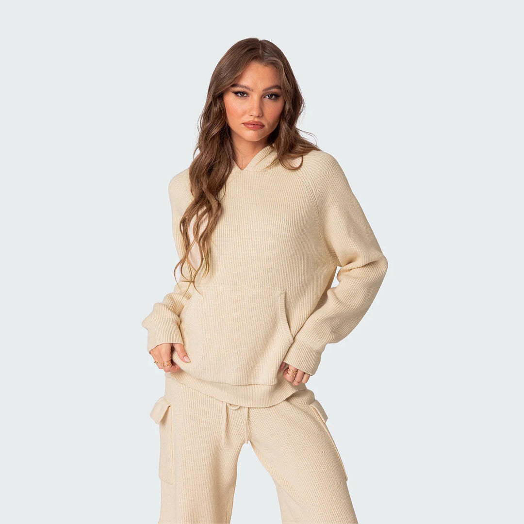 Damen nan gerippter Kapuzenpullover aus Feinstrick mit Kängurutasche und relaxed Fit Echo Archiv