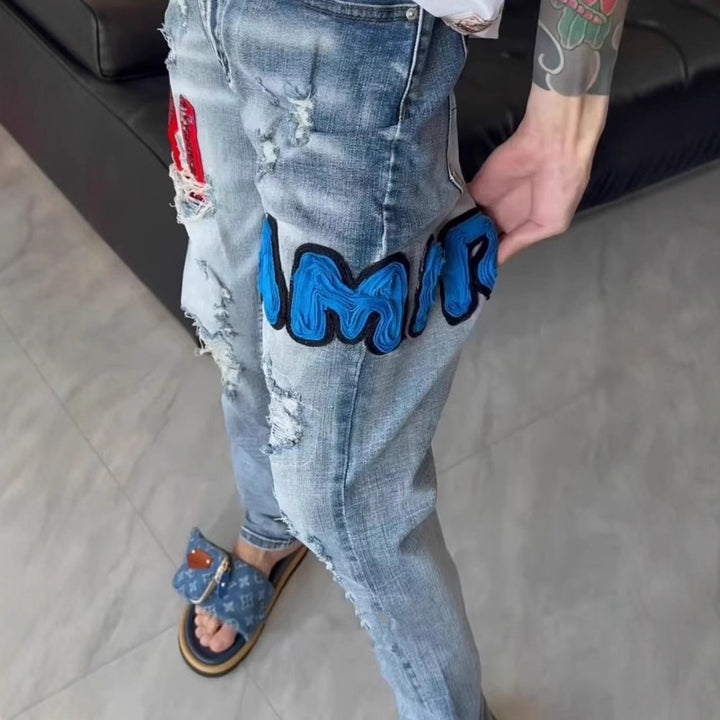 Herren Modische Jeans mit Aufnähern und Distressed-Effekten Echo Archiv