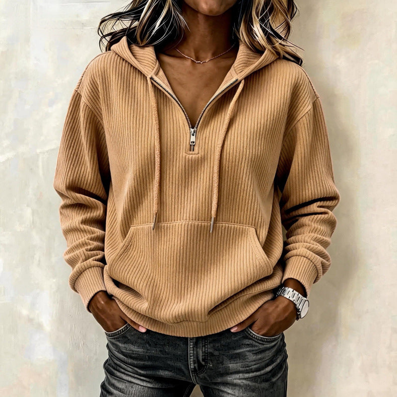 Damen lässiger Oversize Rippstrick-Kapuzenpullover mit halbem Reißverschluss Echoarchiv