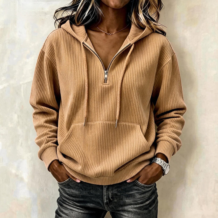 Damen lässiger Oversize Rippstrick-Kapuzenpullover mit halbem Reißverschluss Echoarchiv