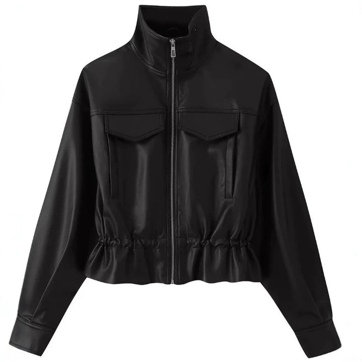 Damen gekürzte Kunstlederjacke mit Stehkragen, Reißverschluss und taillierendem Smok Echo Archiv