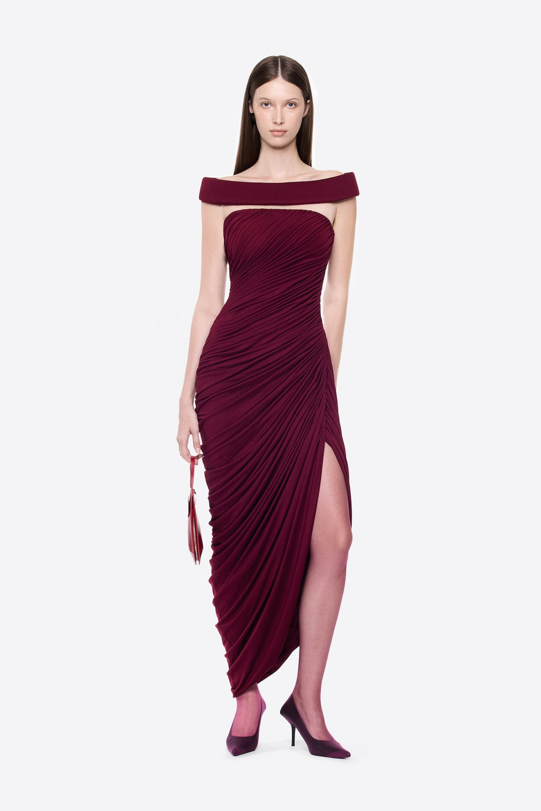 Damen Elegantes, schulterfreies Maxikleid mit raffinierten Drapierungen und hohem Schlitz Echo Archiv