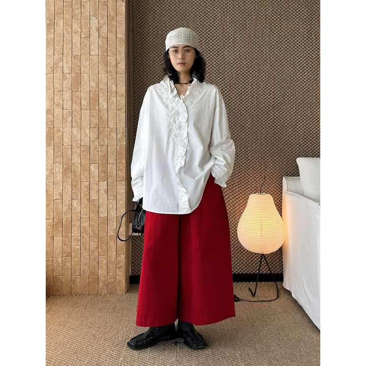 Damen Oversize-Bluse mit Rüschenleiste und Spitzenbesatz Echoarchiv