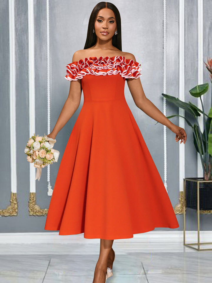 Damen A-Linien Abendkleid mit Off-Shoulder Rüsche Echo Archiv