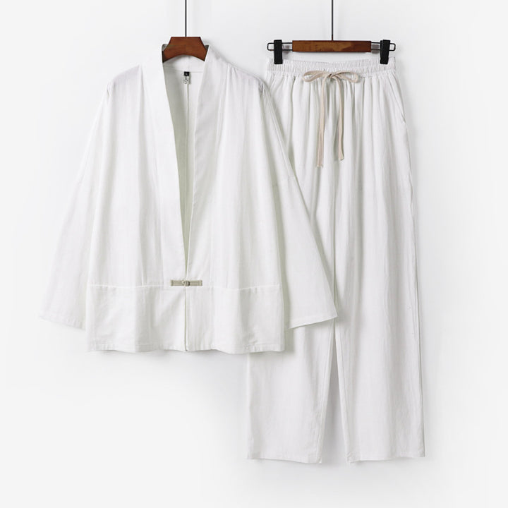 Herren Zen-inspiriertes Kimono-Loungewear-Set aus leichter Baumwollmischung mit offenem Schnitt und Kordelbundhose Echoarchiv