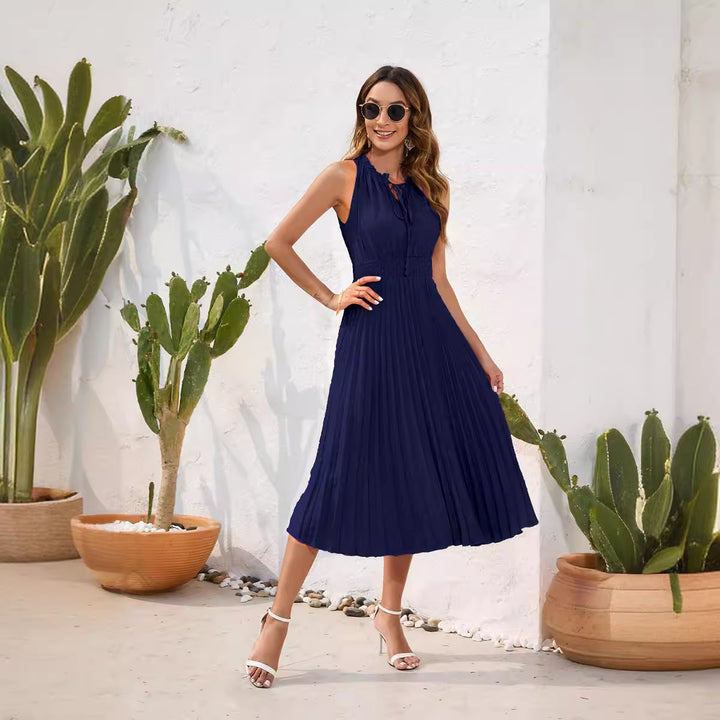 Damen Plissiertes Midikleid mit elegantem Schlitz und verstellbarem Kragen Echo Archiv
