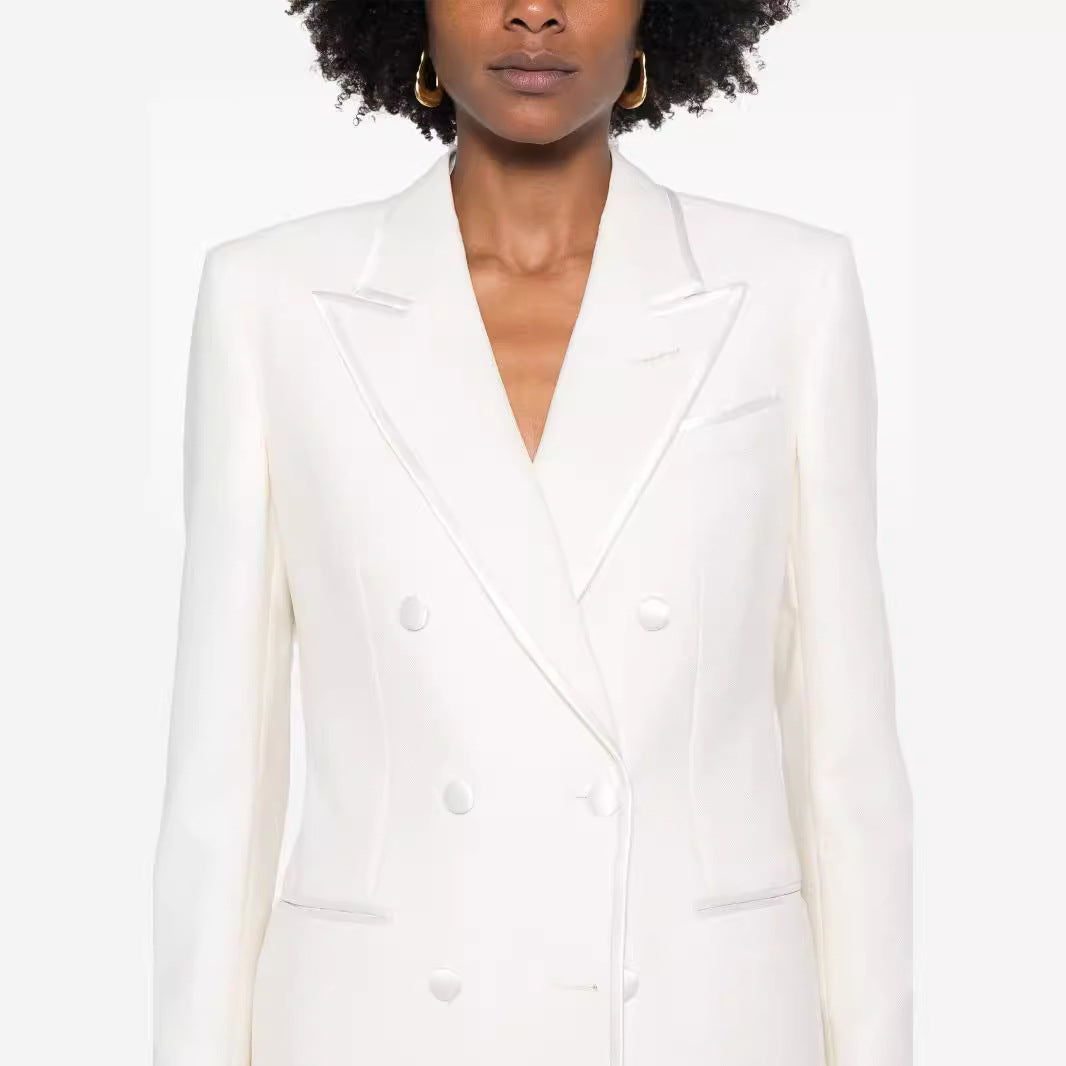 Damen Doppelreihiges Longblazer‑Hosenanzug mit Marlene‑Weitbeinhose und schlanker Silhouette Echoarchiv