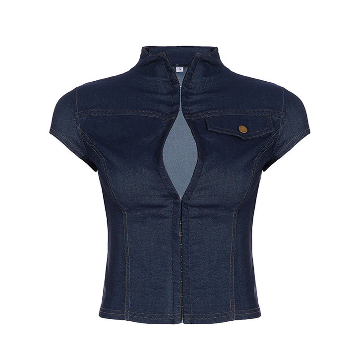 Damen modische Kurzarm Denim-Bluse mit eleganter Knopf-Detailierung Echo Archiv