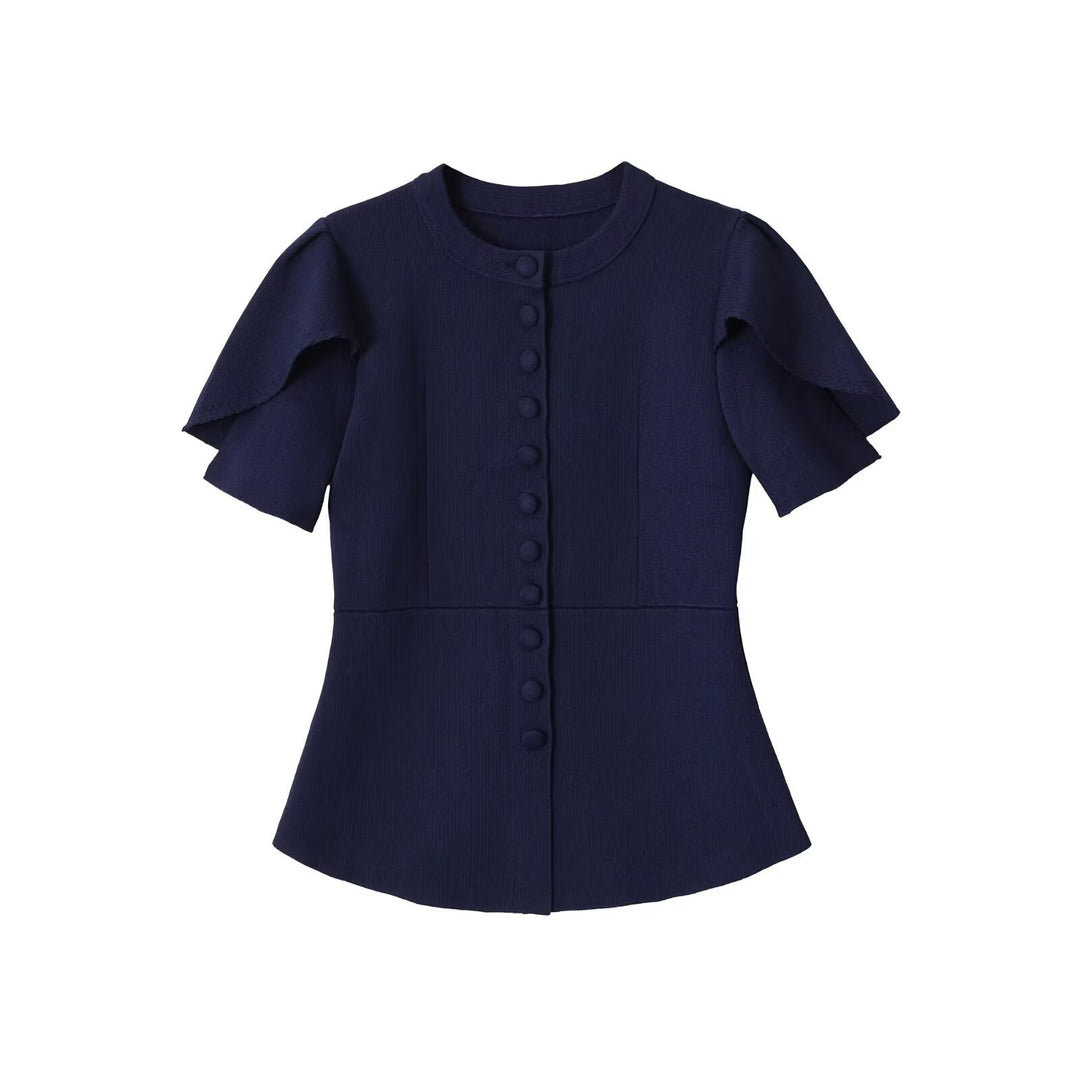 Damen Taillierte Stretch-Strickbluse mit verdeckten Stoffknöpfen und doppelten Volantärmeln Echo Archiv