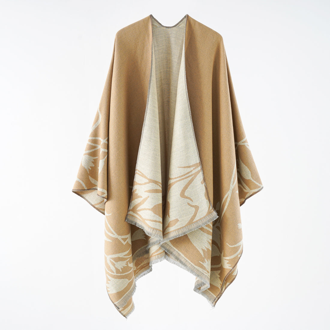 Damen Edler Wendbarer Ruana-Überwurf im Double-Face Wollmix mit floralem Jacquard – Avérine