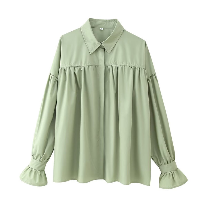 Damen nan oversized Tunika-Bluse mit verdeckter Knopfleiste, geraffter Passe und Volantmanschette Echo Archiv