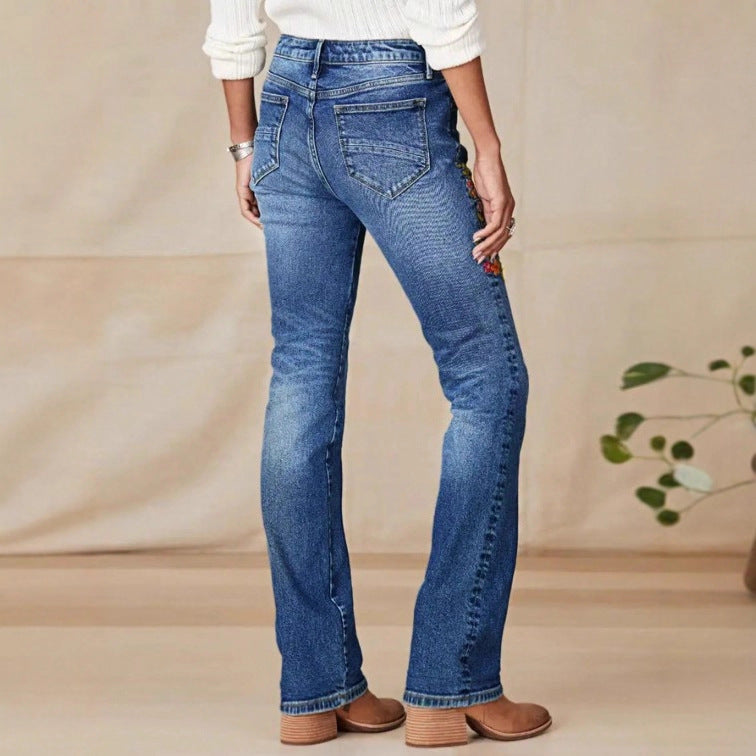 Damen bestickte Bootcut-Jeans mit hoher Taille und leichtem Stretch Echo Archiv
