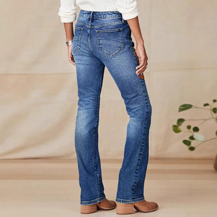 Damen bestickte Bootcut-Jeans mit hoher Taille und leichtem Stretch Echo Archiv