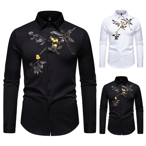 Herren Elegant besticktes Langarmhemd Echoarchiv