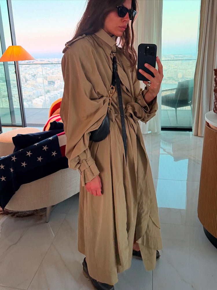 Damen Oversize-Trenchcoat mit voluminösen Ballonärmeln, Kordelzug und abnehmbarer Kapuze Echoarchiv