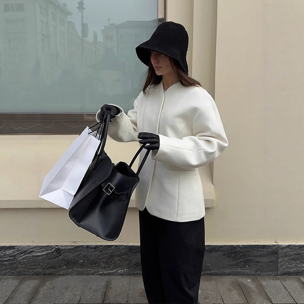 Damen Taillierter kragenloser Wollmix-Kurzmantel mit klarer Silhouette Echoarchiv