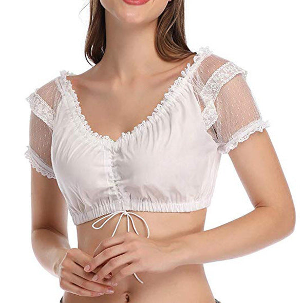 Damen  kurze Carmenbluse mit Spitzenärmeln und gerafftem Tunnelzug Echo Archiv