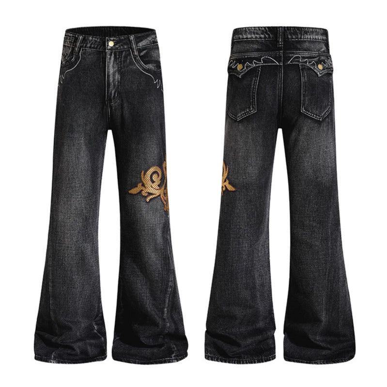 Damen Weite High‑Waist Schlaghose aus Denim mit barocker Stickerei Echoarchiv