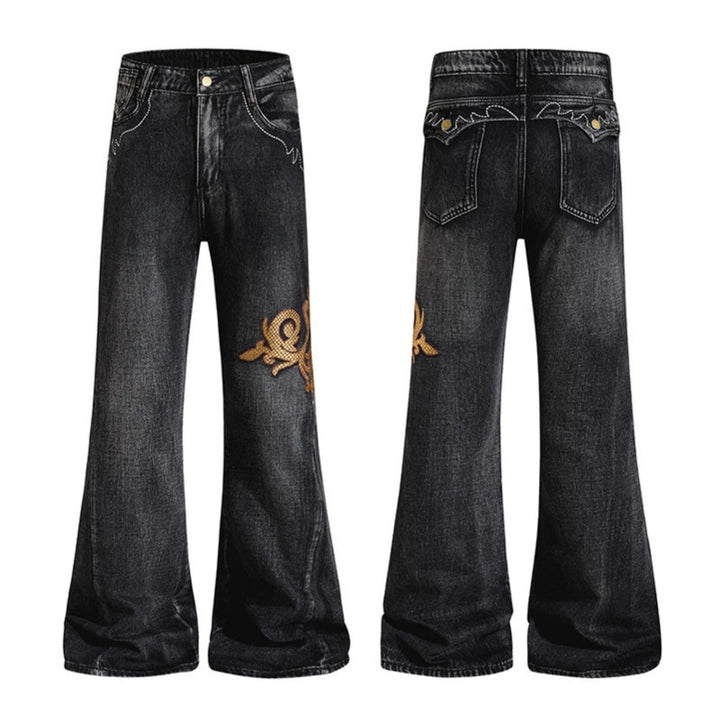 Damen Weite High‑Waist Schlaghose aus Denim mit barocker Stickerei Echoarchiv