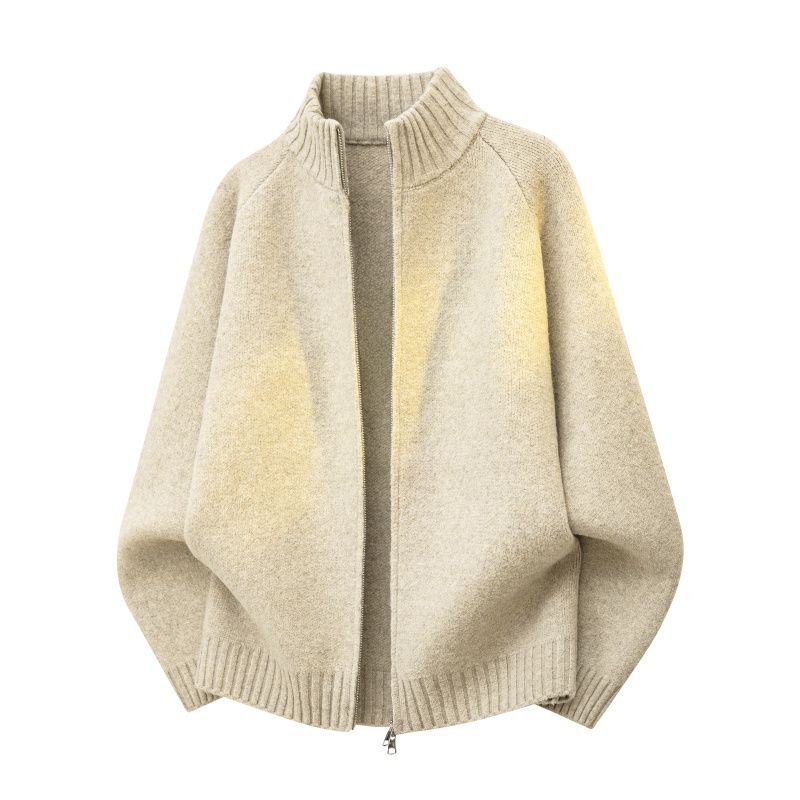 Damen Oversize Teddy-Strick-Cardigan mit Stehkragen, Rippsäumen & Zwei-Wege-Reißverschluss Echoarchiv