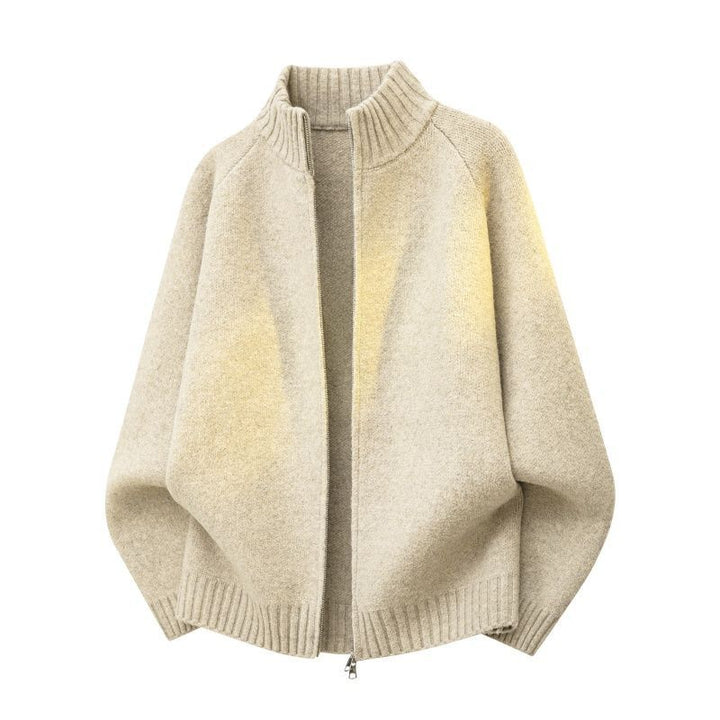 Damen Oversize Teddy-Strick-Cardigan mit Stehkragen, Rippsäumen & Zwei-Wege-Reißverschluss Echoarchiv