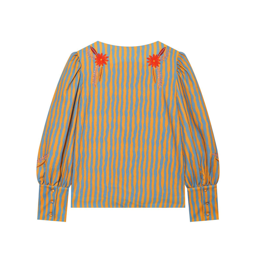 Damen Gestreifte Blusenjacke mit Blumenstickerei und Ballonärmeln Echo Archiv