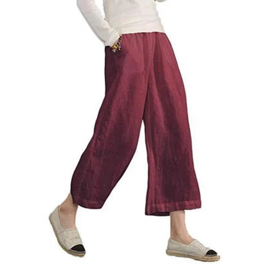 Damen weite Leinenhose mit seitlichen Taschen und elastischem Bund Echoarchiv