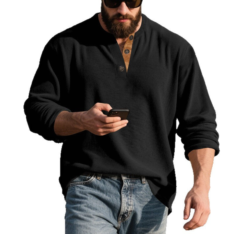 Herren nan langärmeliges Henleyshirt aus strukturierter Baumwollmischung mit Zierknopfleiste Echo Archiv
