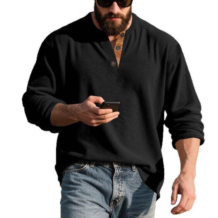Herren nan langärmeliges Henleyshirt aus strukturierter Baumwollmischung mit Zierknopfleiste Echo Archiv