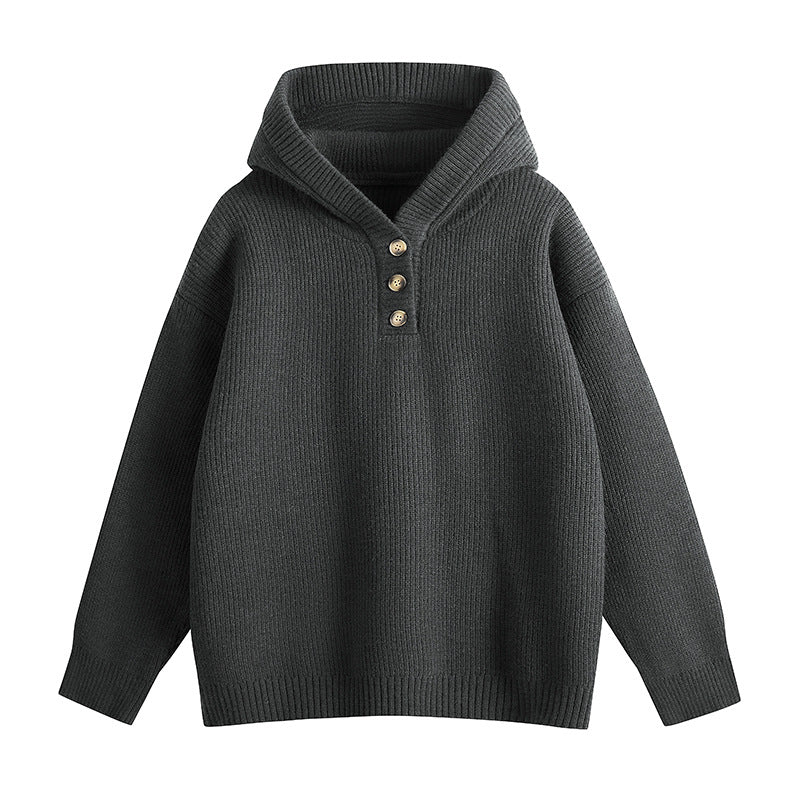 Damen Relaxed Kapuzenpullover aus geripptem Strick mit Halbsteg-Knopfleiste Echoarchiv