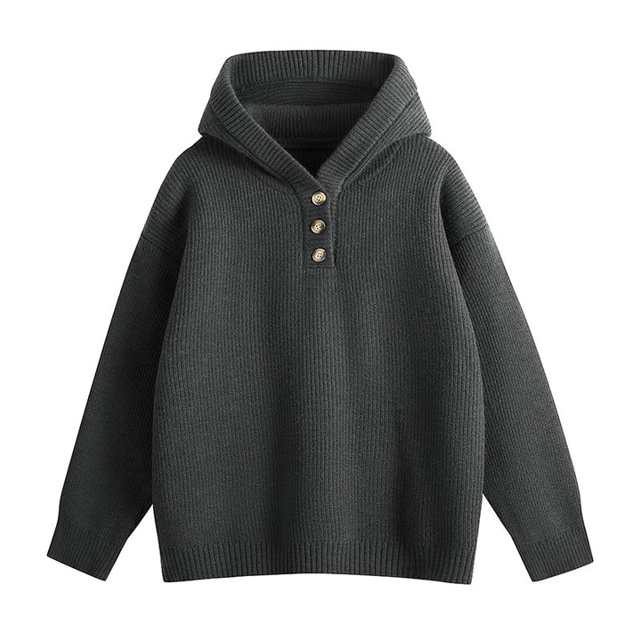 Damen Relaxed Kapuzenpullover aus geripptem Strick mit Halbsteg-Knopfleiste Echoarchiv