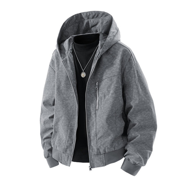 Herren-Hoodie-Blouson im Vintage-Suede-Look mit durchgehendem Reißverschluss und gerippten Bündchen – Cavarno
