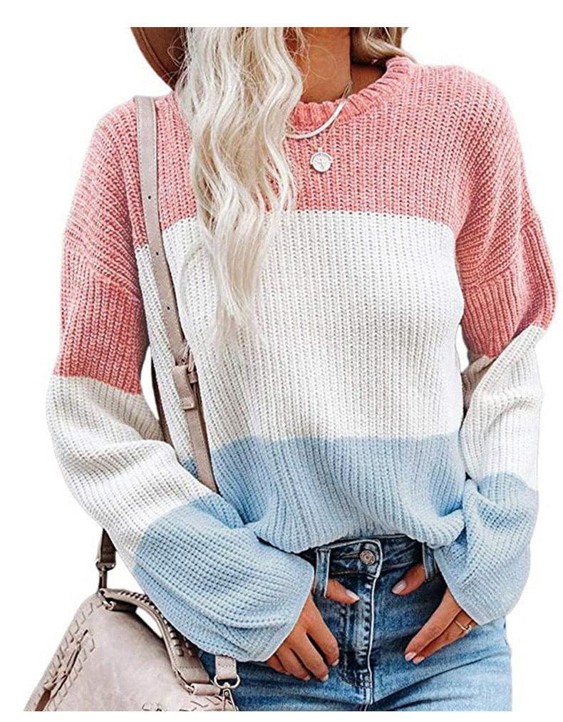 Damen Oversize Colorblock Strickpullover mit Ballonärmeln Echoarchiv