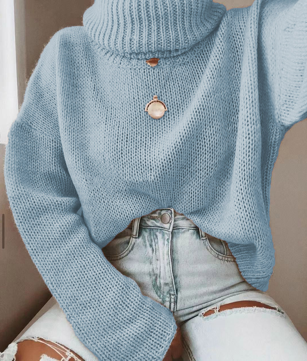 Damen Oversize Rollkragenpullover grobgestrickt mit weitem Schnitt Echoarchiv