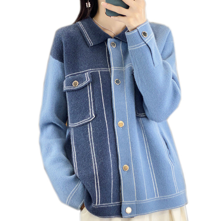 Damen Oversize-Strickjacke im Jeansjacken‑Look mit kontrastierenden Nahtdetails und Brusttasche Echoarchiv