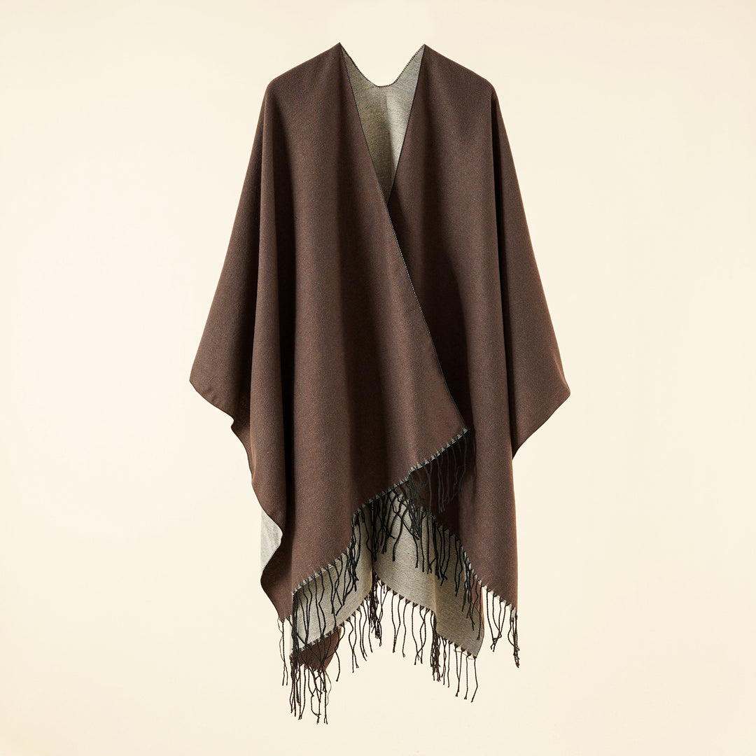 Damen Großer Ruana‑Poncho aus feinem Wollmix mit Fransen und offenem Fall – Montévia