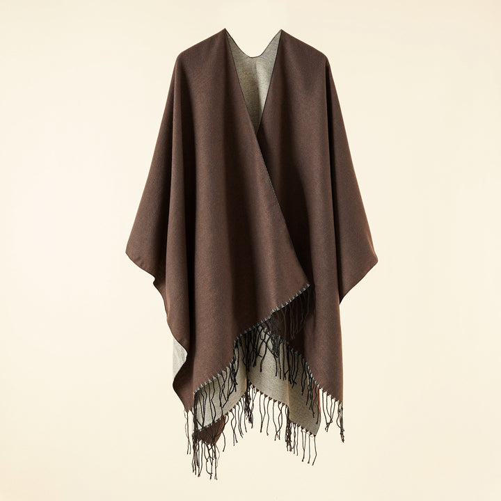 Damen Großer Ruana‑Poncho aus feinem Wollmix mit Fransen und offenem Fall – Montévia