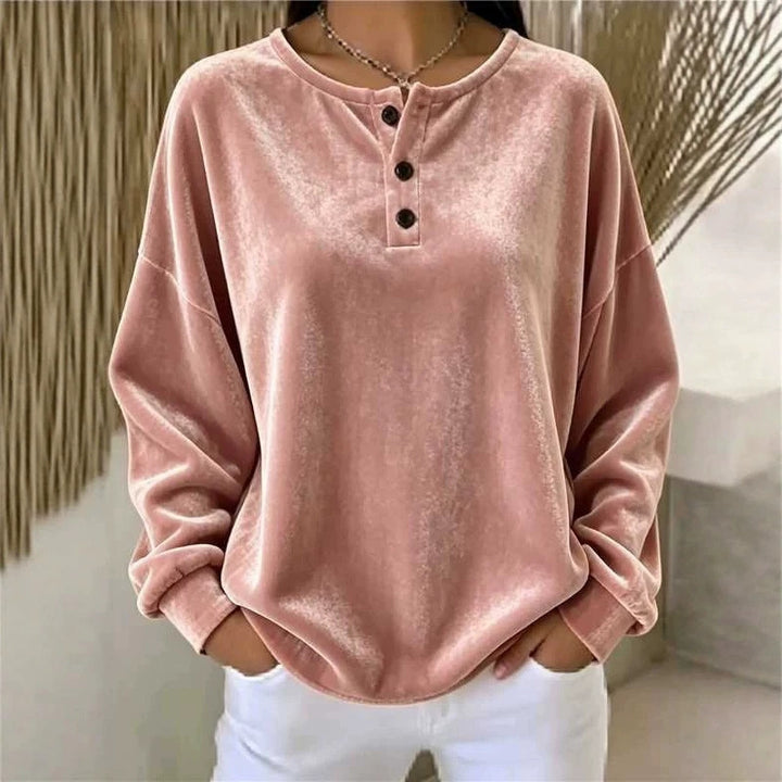 Damen Lässiges Oversize Samt-Henleyshirt mit Knopfleiste Echoarchiv