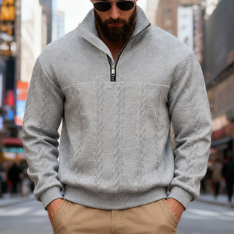 Herren Fleece-Pullover mit halbem Reißverschluss und strukturiertem Muster Echoarchiv