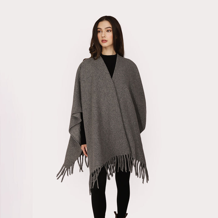 Damen Kaschmir‑Optik Capeponcho mit Fransen und offenem Oversize‑Schnitt Echo Archiv