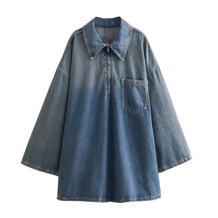 Damen nan oversized Denim-Tunika mit halbem Reißverschluss, weitem Schnitt und Brusttasche Echo Archiv