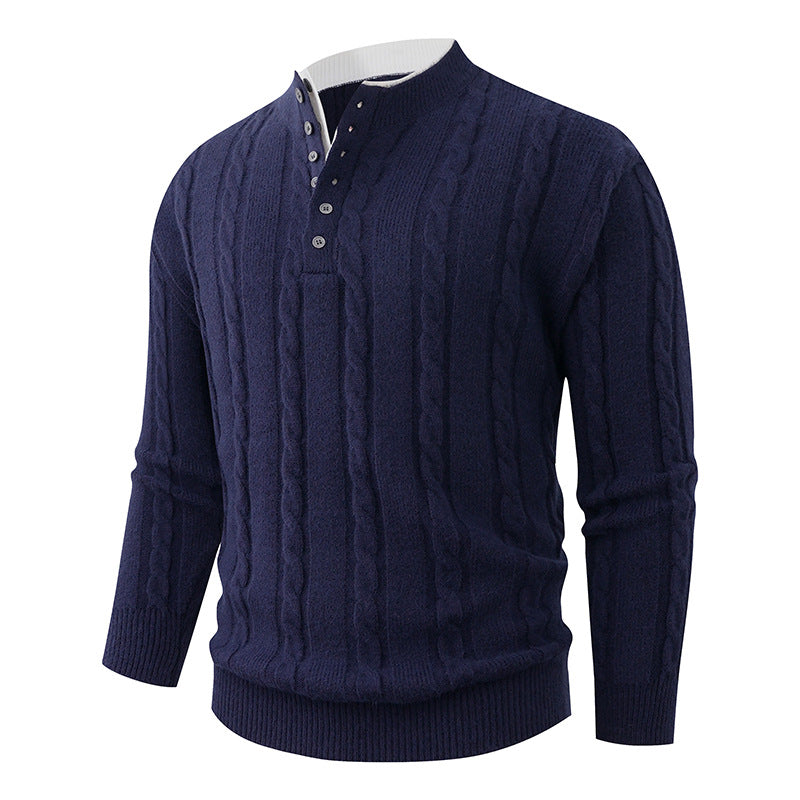Herren Strukturierter Zopfstrick-Pullover mit Knopfleiste und Stehkragen Echo Archiv