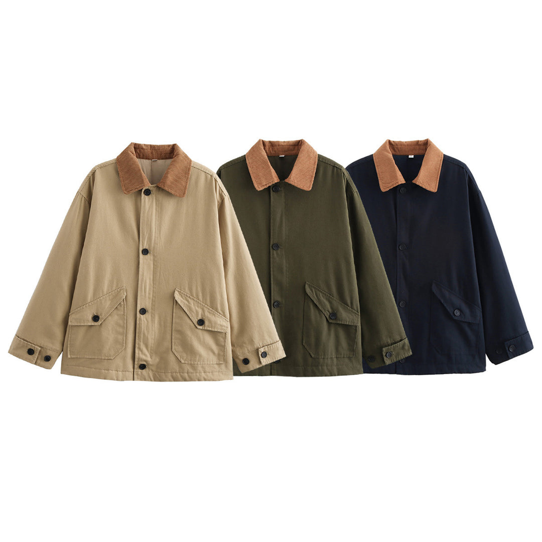 Damen oversized Utility-Jacke mit Cordkragen, Pattentaschen und Knopfverschluss – Célinea