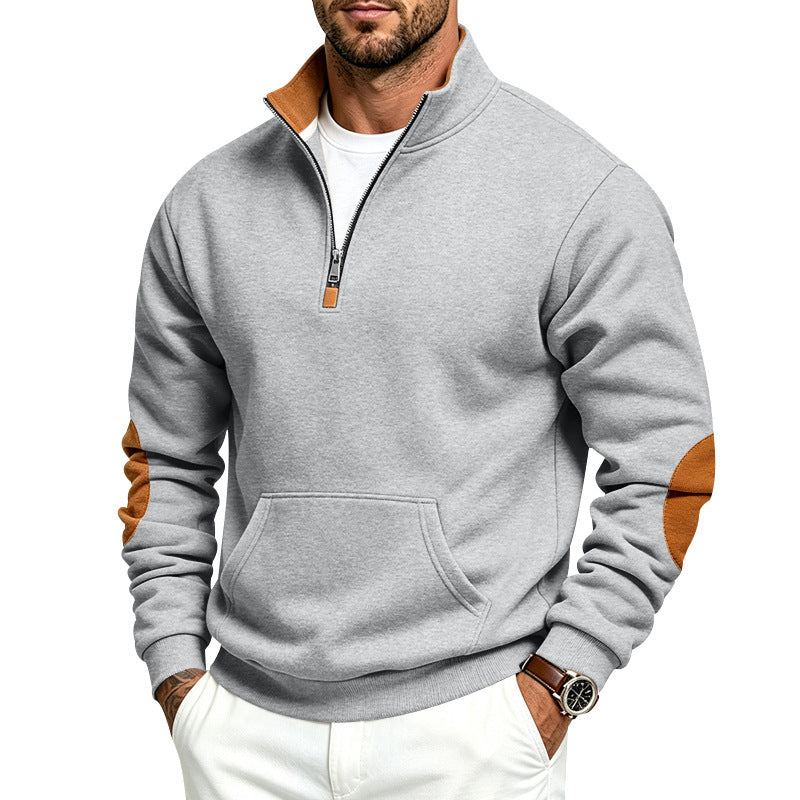 Herren Troyer-Pullover mit halbem Reißverschluss, Kängurutasche und Ellbogen-Patches Echoarchiv
