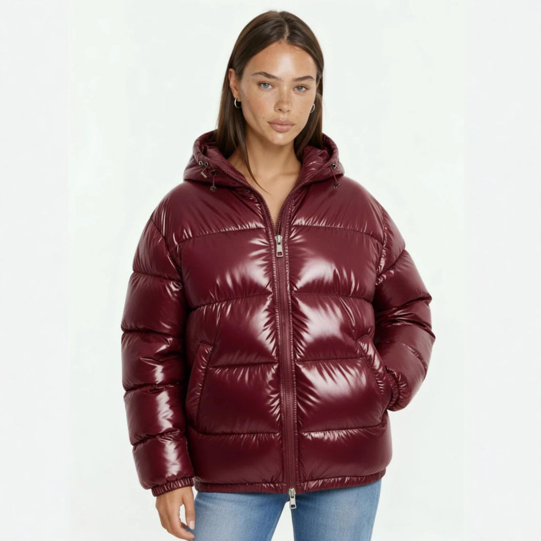 Damen Hochglanz Steppjacke mit Kapuze – Célinea