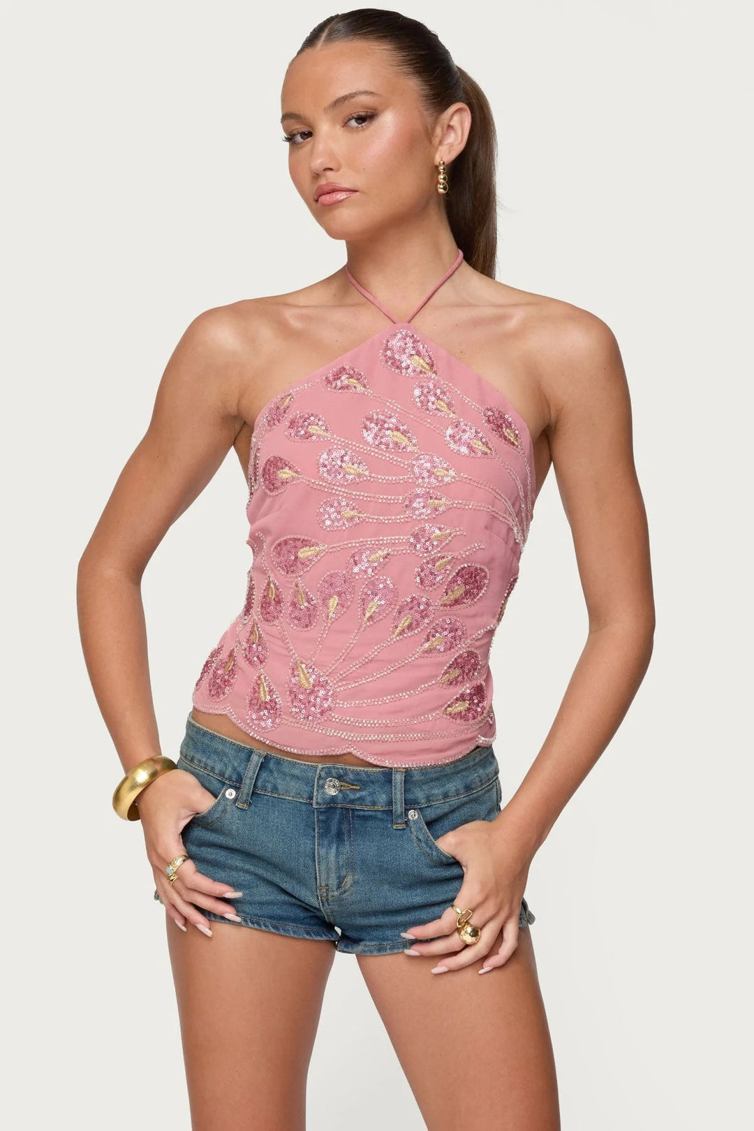 Damen Glitzerndes Halboberteil mit floralen Pailletten und feinen Trägern Echo Archiv