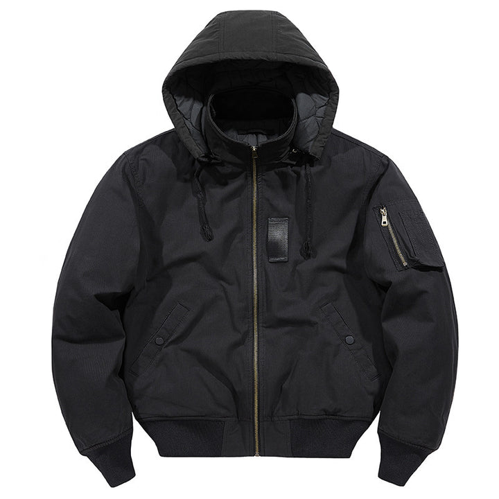 Herren Canvas-Field-Bomberjacke mit Kapuze, Utility-Ärmeltasche und geripptem Saum – Brevano