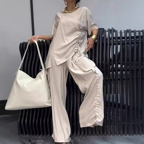 Damen nan legeres zweiteiliges Set mit übergroßem Rundhals-Shirt, seitlicher Raffung und weiter Cargo-Hose Echo Archiv