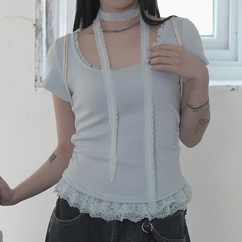 Damen feines Rüschenshirt mit Spaghettiträgern und zartem Spitzenbesatz Echo Archiv